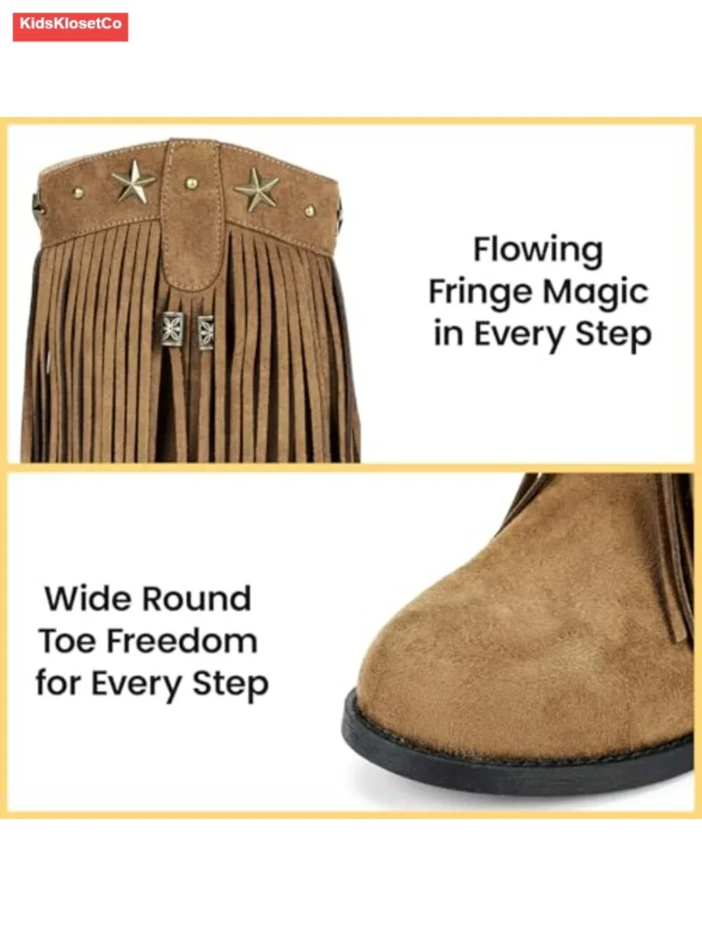 Girls Cowgirl Boots with Fringe - Faux Suede Side Zipper Non-Slip Round Toe